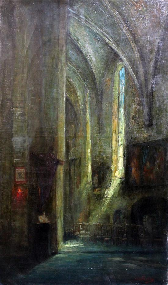 Adolf Willems (1866-1953) Cathedral interior, 37.5 x 24in., unframed